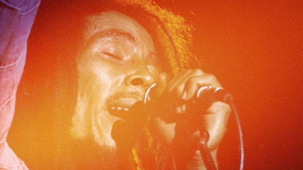Bob Marley performing on stage in the US in 1979