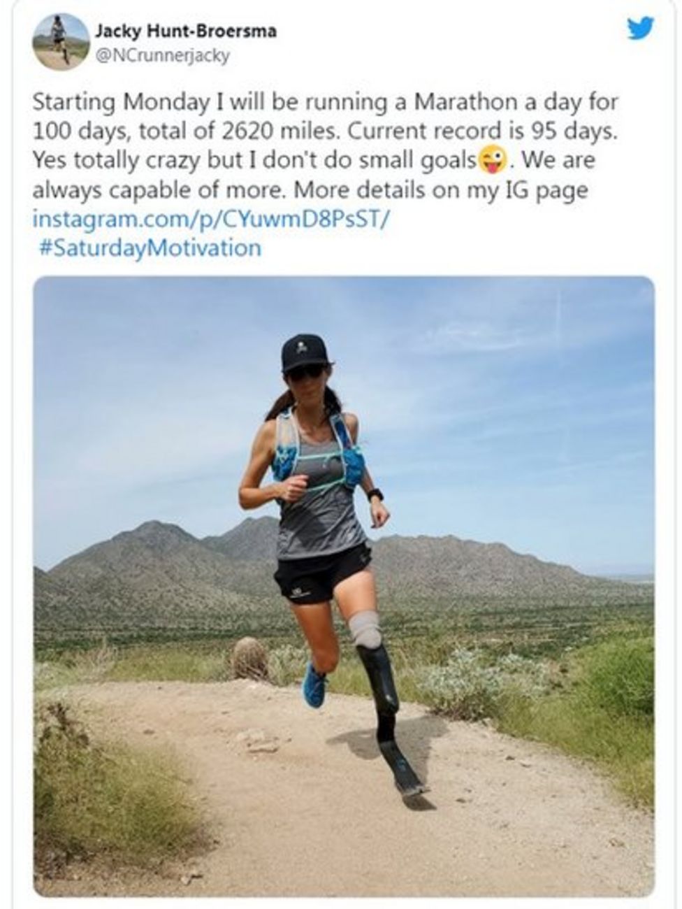 Woman with one leg runs 104 marathons in 104 days to break world record ...
