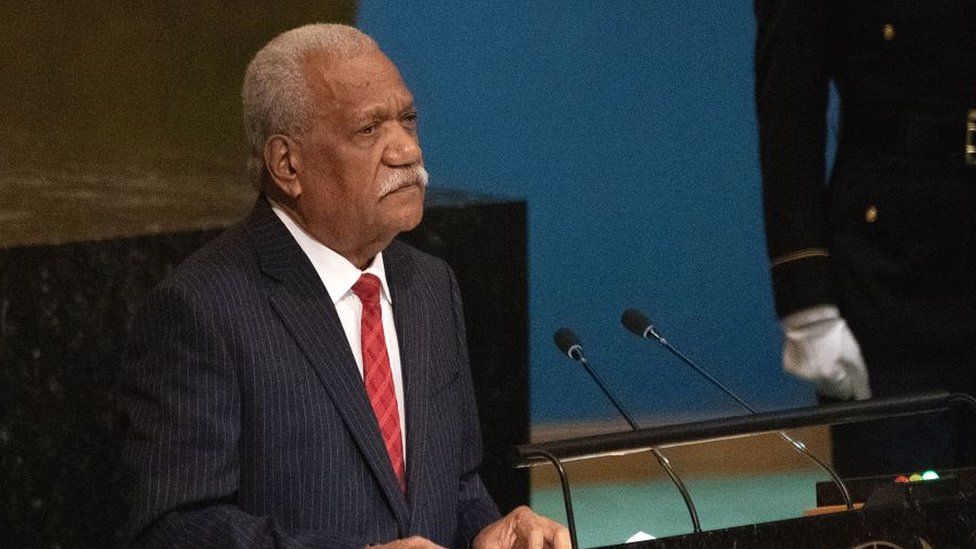 Vanuatu's president, Nikenike Vurobaravu addresses the 77th session of the United Nations General Assembly at UN headquarters in New York City on September 23, 2022