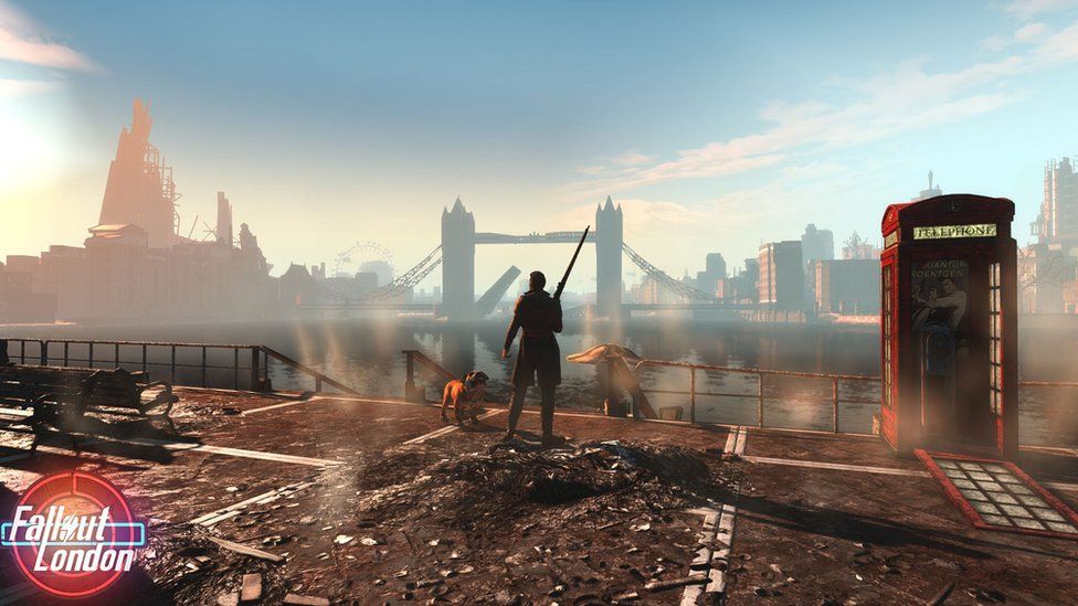 A computer-generated image of a man with a dog standing on a bomb-damaged bridge next to a burnt out red telephone box. In the distance, the London skyline, including Tower Bridge, are visible, but show signs of damage and decay, creating a post-apocalyptic feel.