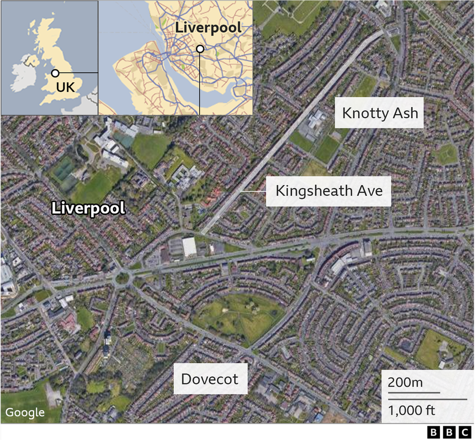 Map showing Kingsheath Avenue, Dovecot and Knotty Ash in Liverpool