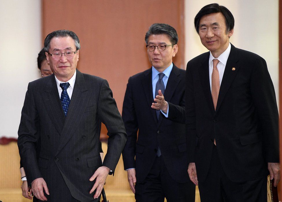 South Korean Foreign Minister Yun Byung-Se (R) walks with Wu Dawei (L), China's Special Representative for Korean Peninsula Affairs, and Kim Hong-Kyun (C), South Korea"s representative to the six-party talks, after their meeting in Seoul, South Korea, 10 April 2017