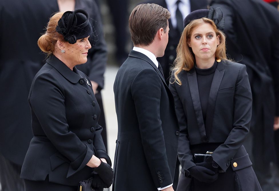 Sarah, Duchess of York, Princess Beatrice, recently appointed as Counsellor of State and Edoardo Mapelli Mozzi arrive at Westminster Abbey ahead of the State Funeral of Queen Elizabeth II on September 19, 2022 in London