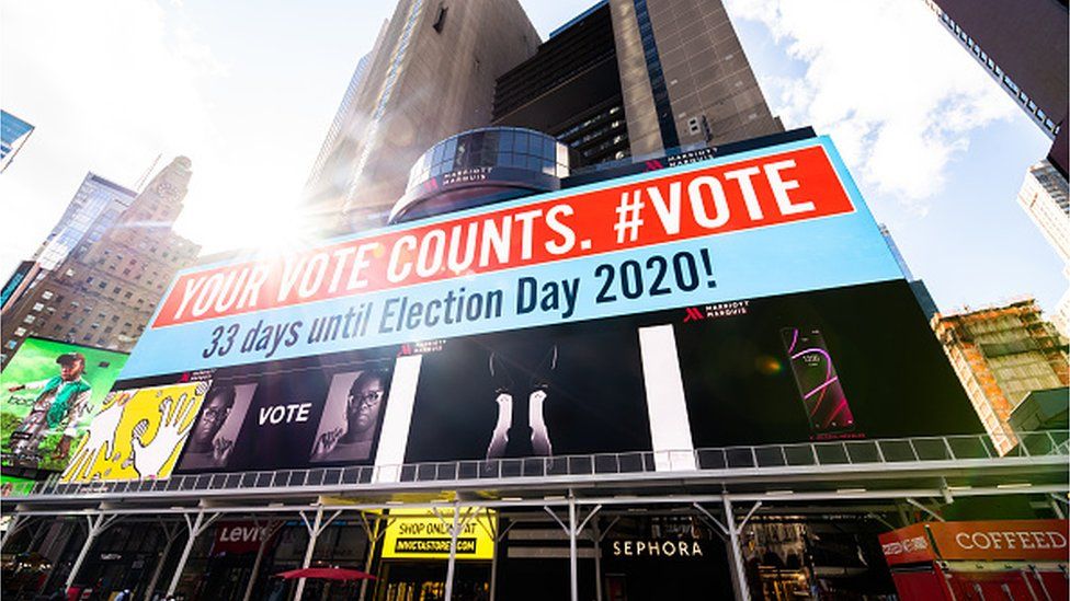 A billboard that reads, "your vote counts" is shown in Times Square on September 30, 2020 in New York City.