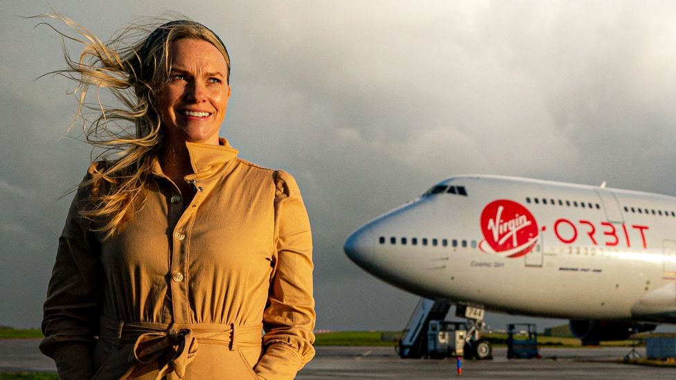 Melissa Thorpe next to the 747 that will be used in launches.