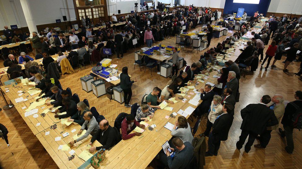 Count volunteers sort ballot papers at Lindley Hall, Westminster