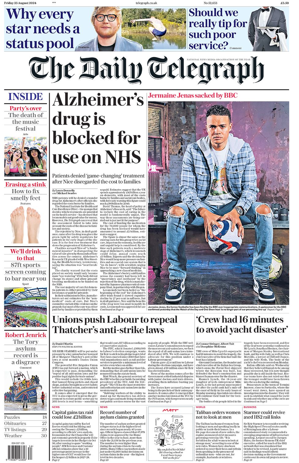 Daily Telegraph front page, 23 August 