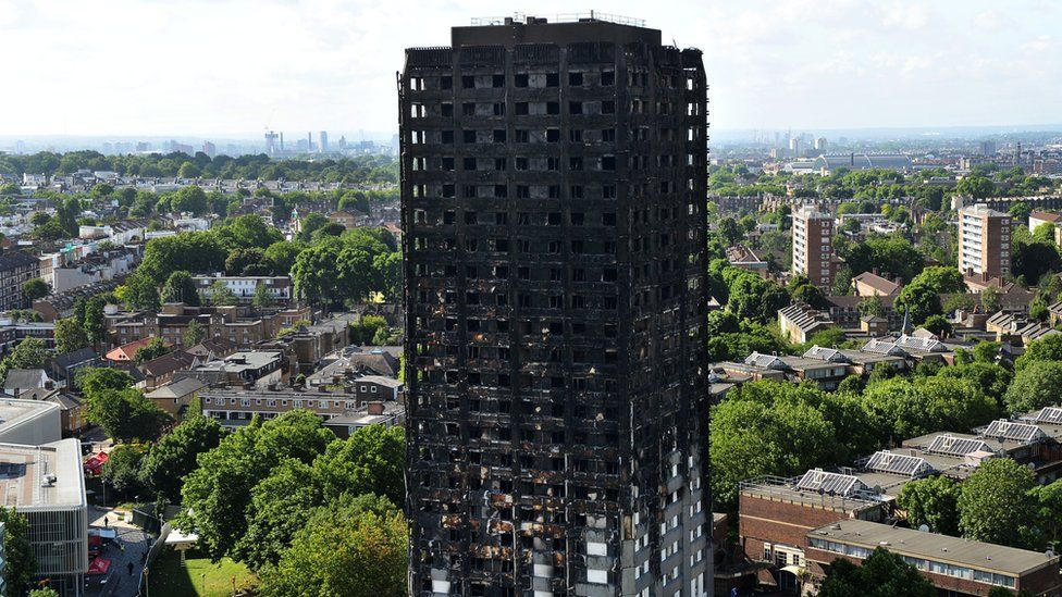 The charred remains of Grenfell tower, West London, as seen from a height, with a panorama of leafy West London behind it.