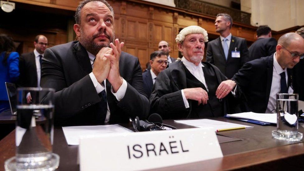 Israeli foreign ministry lawyer Tal Becker (left) and British jurist Malcolm Shaw at the ICJ (12/01/24)