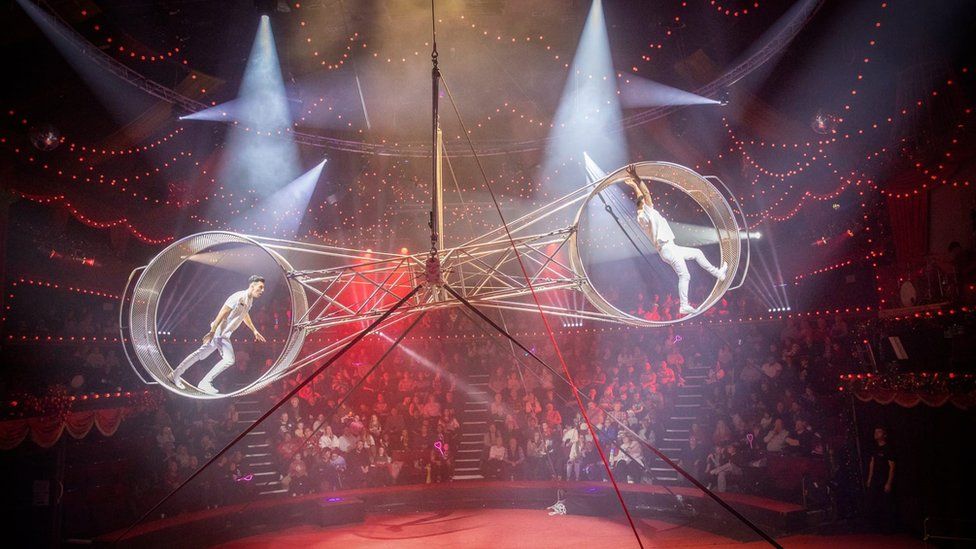 Circus performers on the so-called Giant Wheel of Death