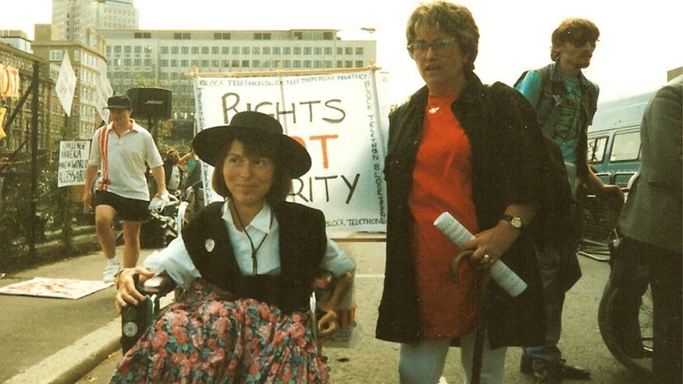 Baroness Jane Campbell on a march in the 1990s