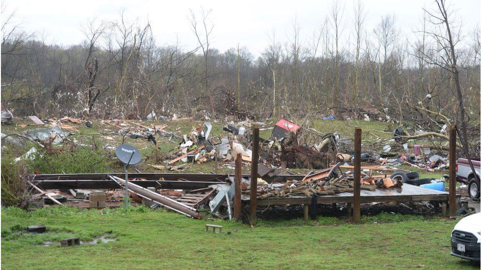 The frame of a missing mobile home that was blown away