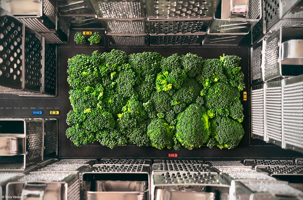 An aerial view of broccoli surrounded by metal graters and miniature cars, making it appear as if a city is seen from the sky
