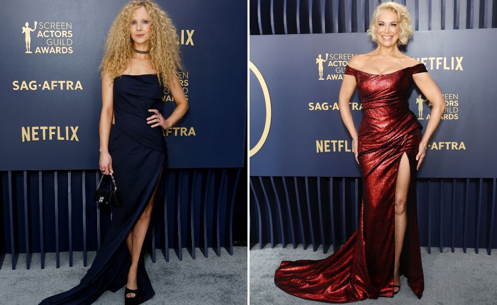 Juno Temple and Hannah Waddingham attend the 30th Annual Screen Actors Guild Awards at Shrine Auditorium and Expo Hall on February 24, 2024 in Los Angeles, California.