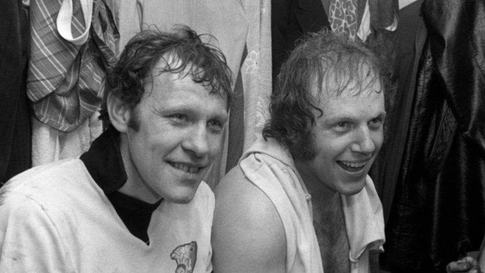 Hereford United's Ronnie Radford (Left) and Ricky George (Right) in the dressing room
