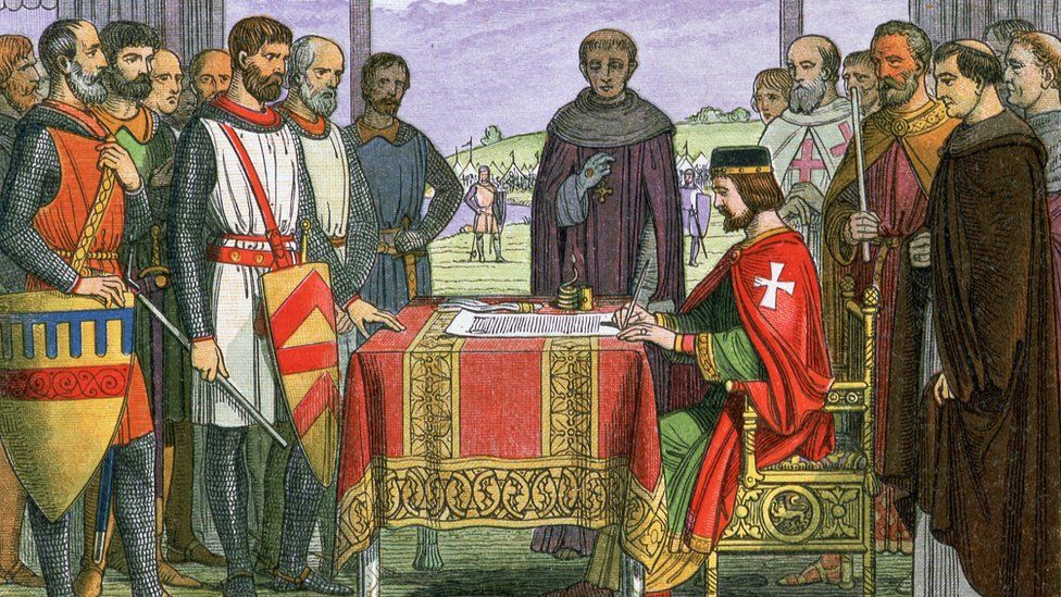 Иллюстрация того, как король Иоанн подписывает Великую хартию вольностей с архиепископом Стивеном Лэнгтоном и баронами в 1215 году нашей эры, из английской хроники Джеймса Дойла
