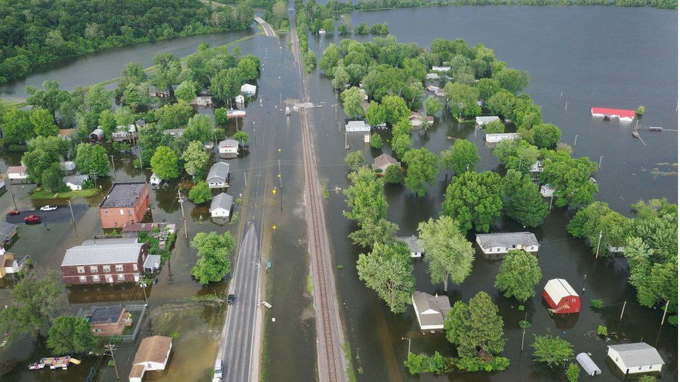 Floodwater from the Mississippi River has overtaken much of the town of Foley, Missouri