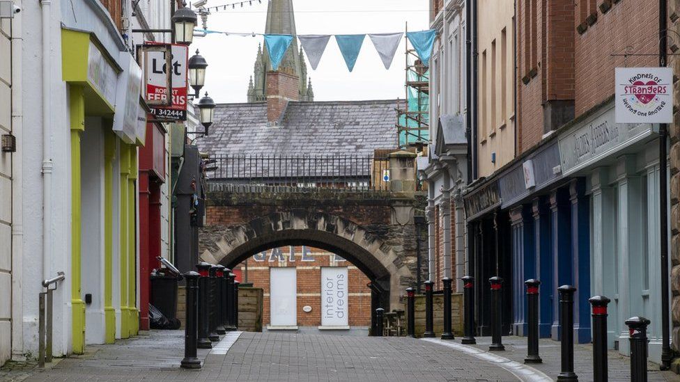 A deserted shopping street in Londonderry