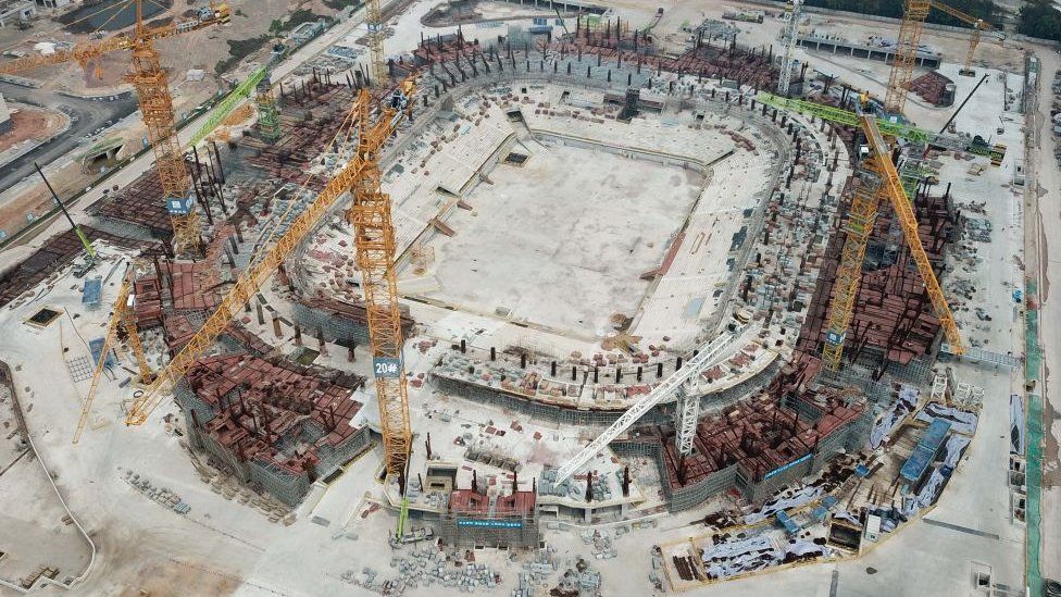 An aerial photo taken on 20 March, 2022 of the Guangzhou Evergrande Football Stadium under construction in Guangdong Province, China.