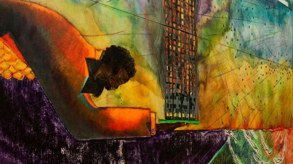 In Chris Ofili's artwork, a bowing figure on the left is presenting the Grenfell Tower burning