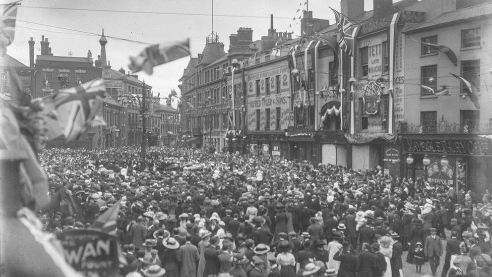 Crowds gathered in the city's Broadgate to celebrate the Coronation of George V in June 1911
