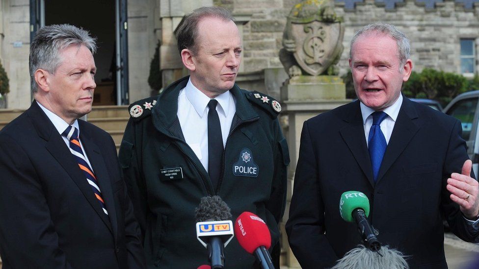 Martin McGuinness with Peter Robinson and Chief Constable Hugh Orde