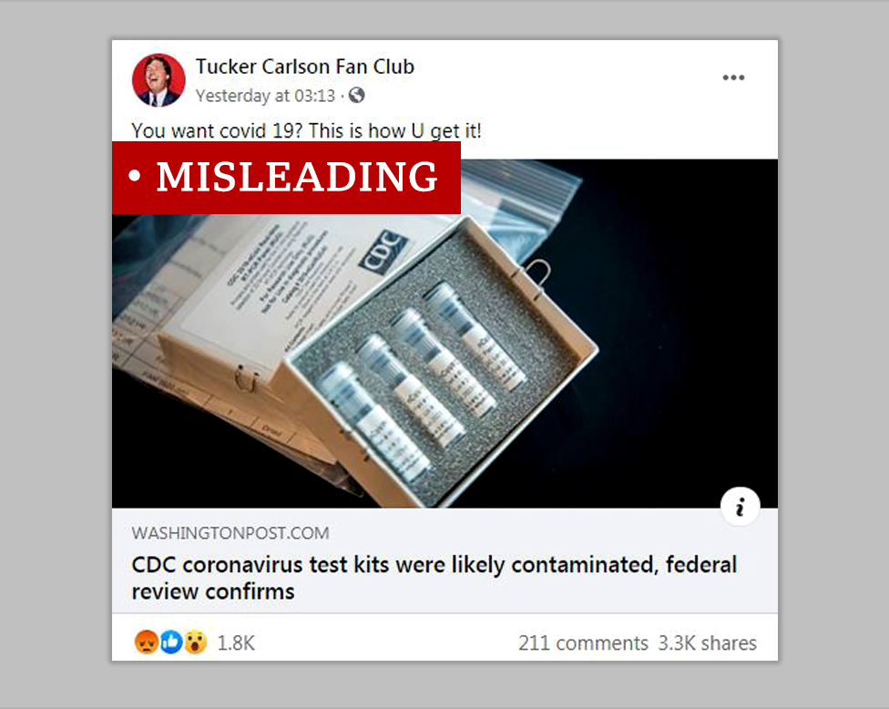 A Facebook post labeled "misleading" which says "You want covid 19? This is how U get it!" and links to a Washington Post article about contaminated test kits.