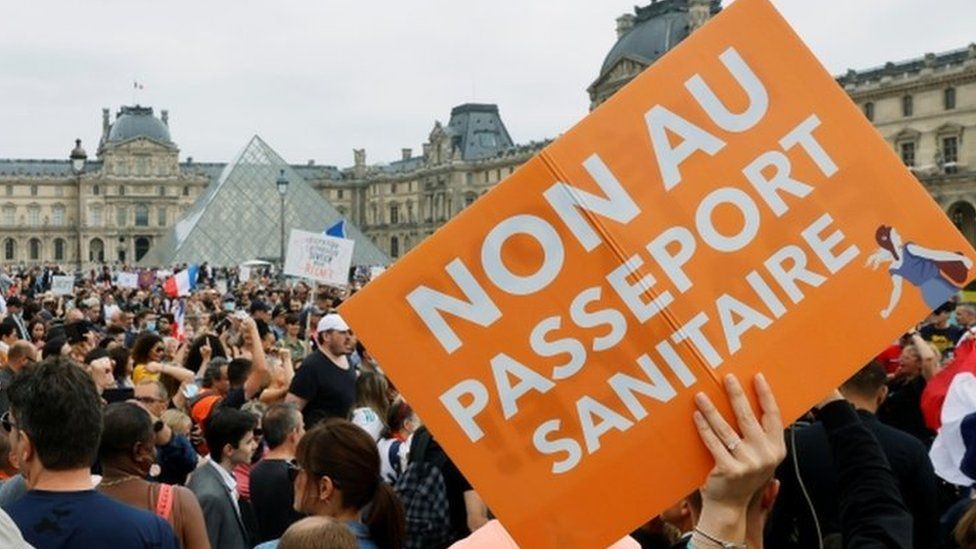 A demonstration against the new French Covid health pass in Paris, July 2021