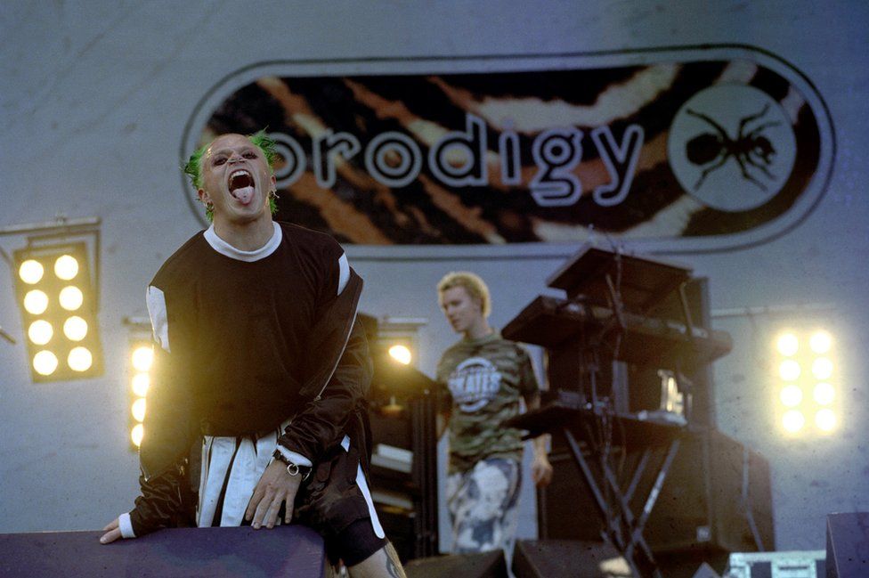 Keith Flint of The Prodigy performing on stage at Knebworth, 1996