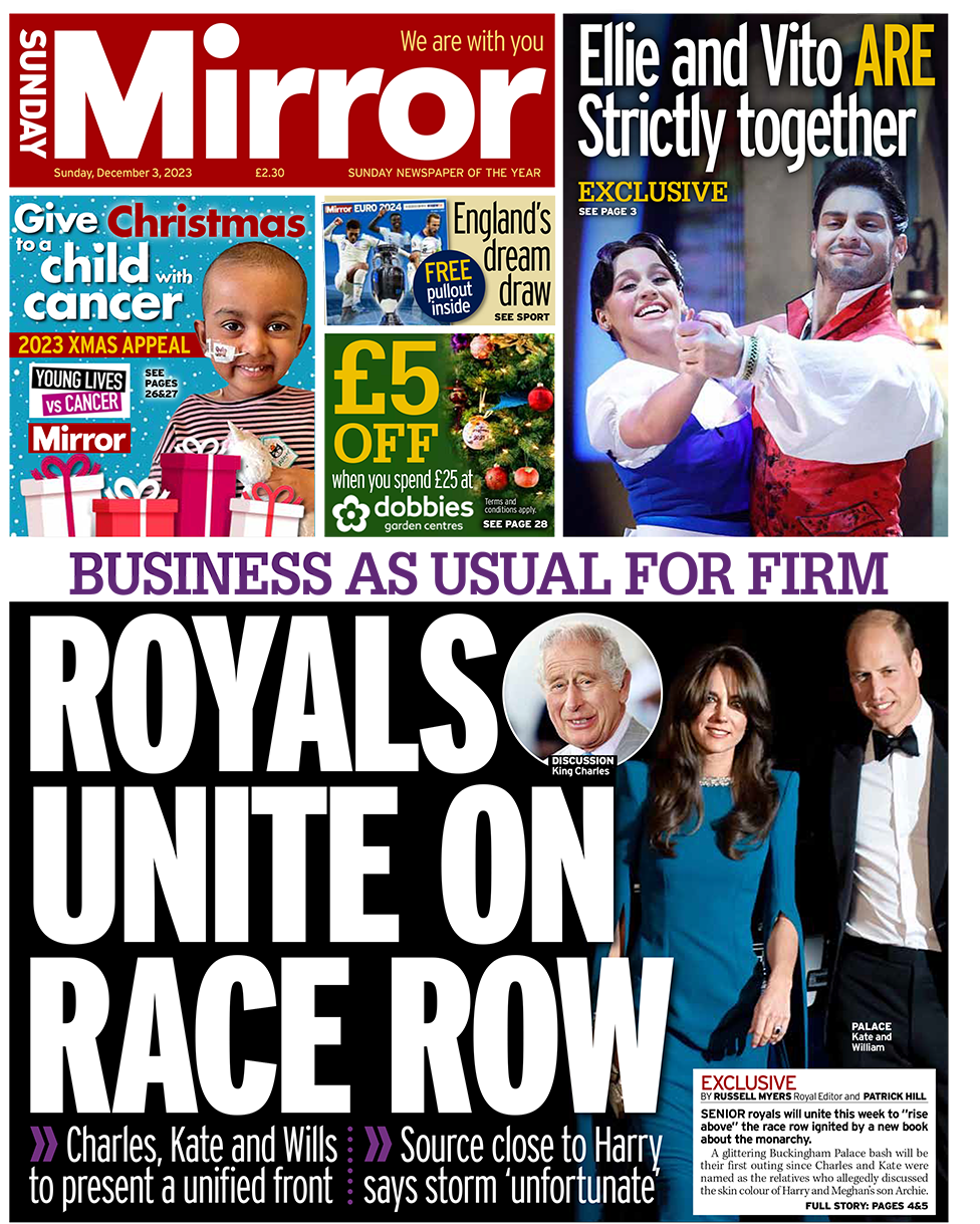 The headline on the front page of the Sunday Mirror reads: "Royals unite on race row"