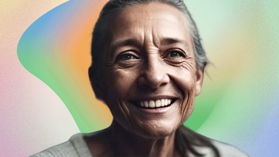 A composite image of an AI-generated older woman against a colourful background