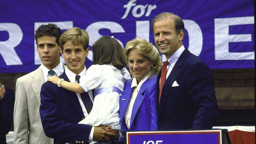 Hunter (extreme left) looks on with his family after Joe Biden announces his first run for the presidency in 1988