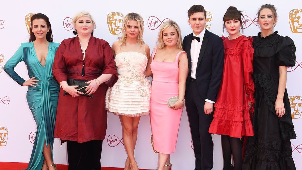 Nicola (middle) with the rest of the Derry Girls cast at the Baftas