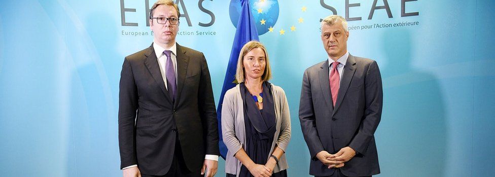 High Representative of the European Union for Foreign Affairs and Security Policy Federica Mogherini (C), President of Kosovo, Hashim Thaci (R) and President of Serbia, Aleksandr Vucic (L) pose for a photo during their meeting in Brussels, Belgium on June 24, 2018