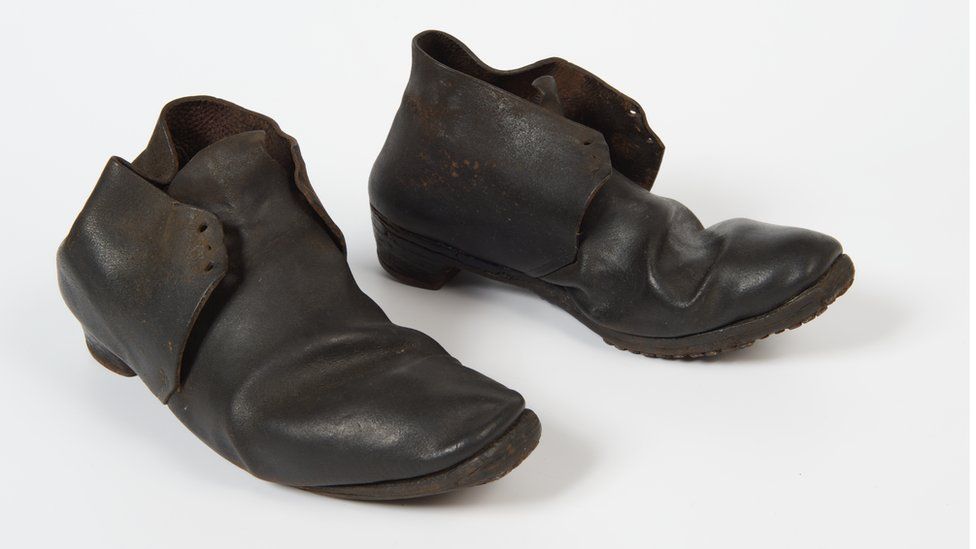 Pair of men's black leather Blucher ankle boots. 1840-49. Found under the floor of old military prison in Weedon Barracks, Northants