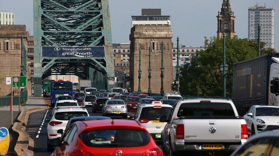 Traffic queued on the Tyne Bridge