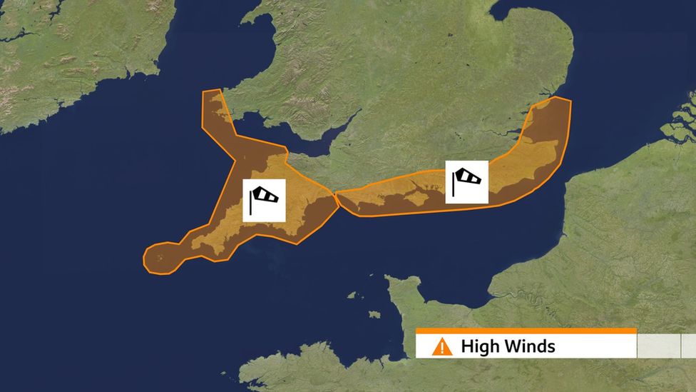 Map of the south of the UK with amber warnings covering coastal areas for high winds.
