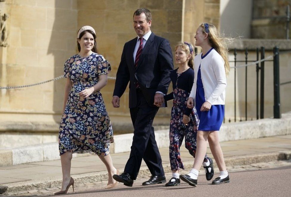 Princess Eugenie walked alongside Peter Phillips and his children Savannah and Isla