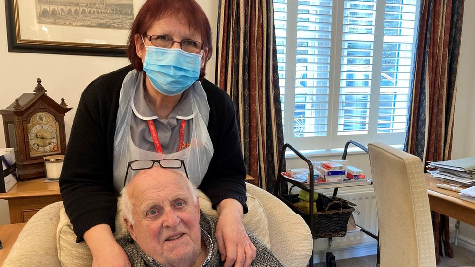 Care worker Kate Ball with her client in Bradford on Avon, Mike