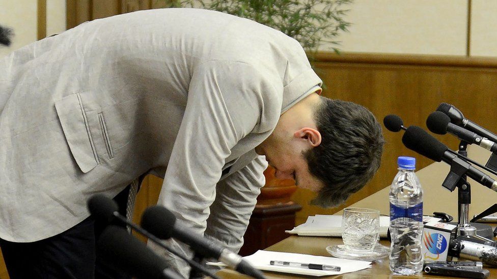 US student Otto Frederick Warmbier bows during a press conference in North Korea