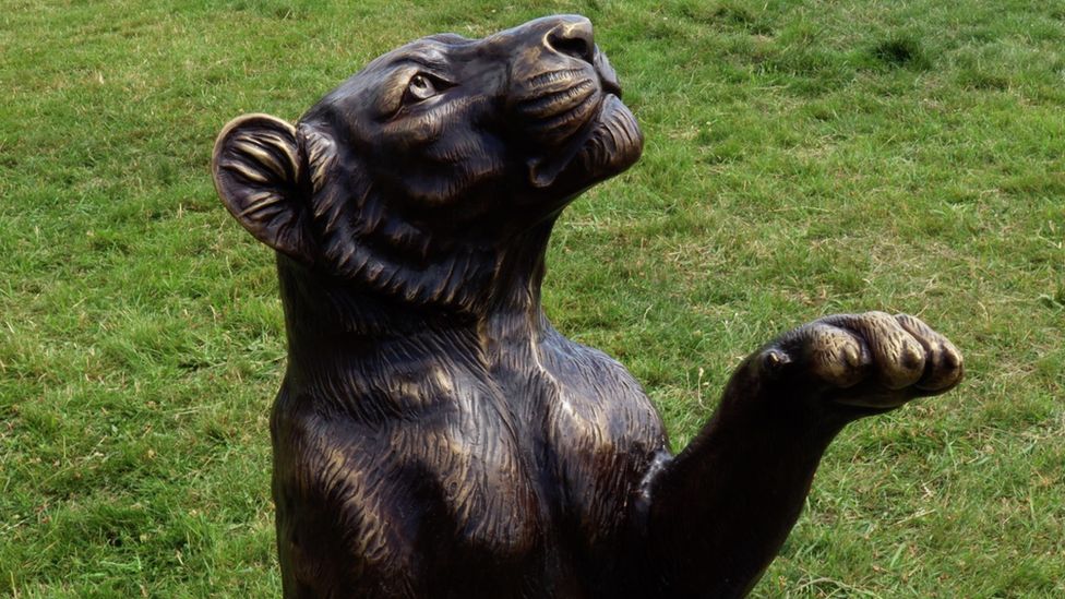 A bronze lion statue