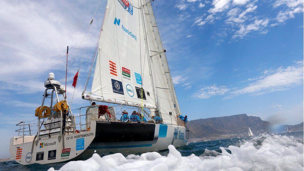 Yacht "Nasdaq" sails at the start of leg three of the Clipper Round The World Yacht race in Cape Town, South Africa, 31 October 2017