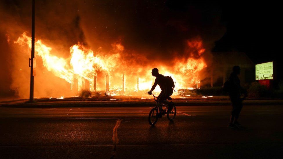Jacob Blake protesters set buildings on fire in Kenosha, Wisconsin, United States on August 24, 2020