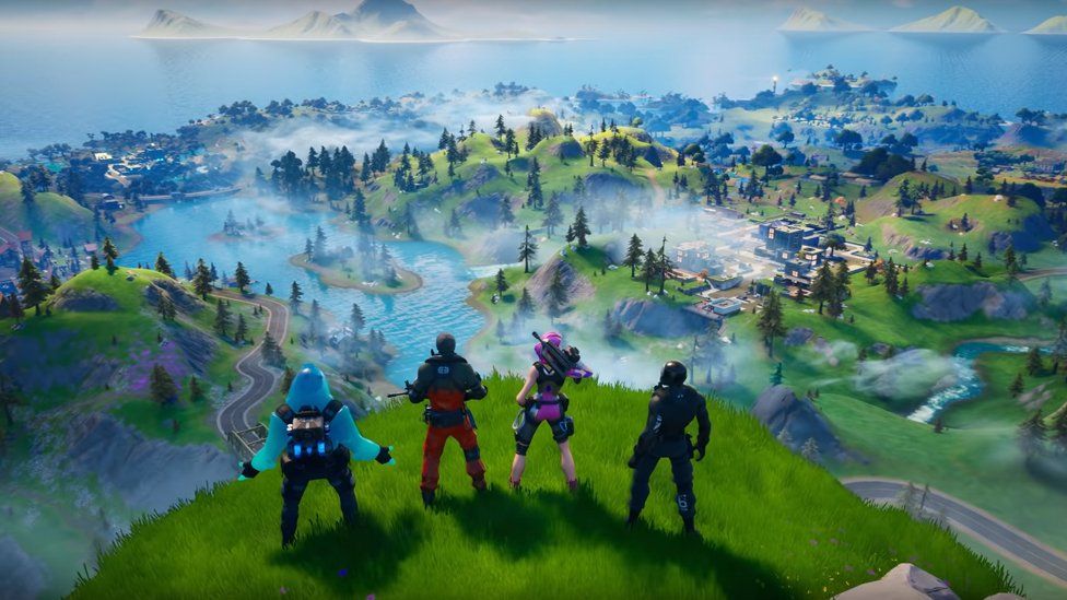Characters survey the new map in Fortnite