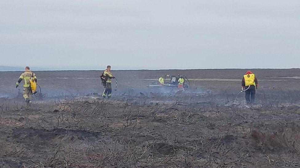 Firefighters standing on scorched ground
