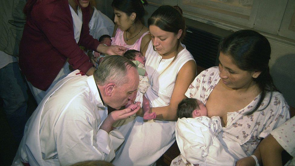 The then archbishop of Buenos Aires, Jorge Bergoglio, performs the foot bath ceremony in Buenos Aires, on March 24, 2005.