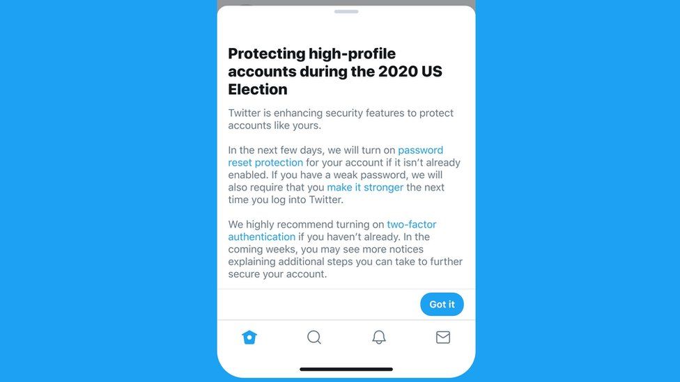 A screenshot from twitter of what a notification will look like - telling users it is "enhancing security features to protect accounts like yours"