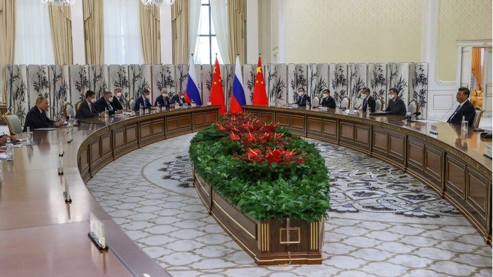 Russian President Vladimir Putin meets with Chinese President Xi Jinping on the sidelines of the Shanghai Cooperation Organization (SCO) summit in Samarkand, Uzbekistan September 15, 2022.