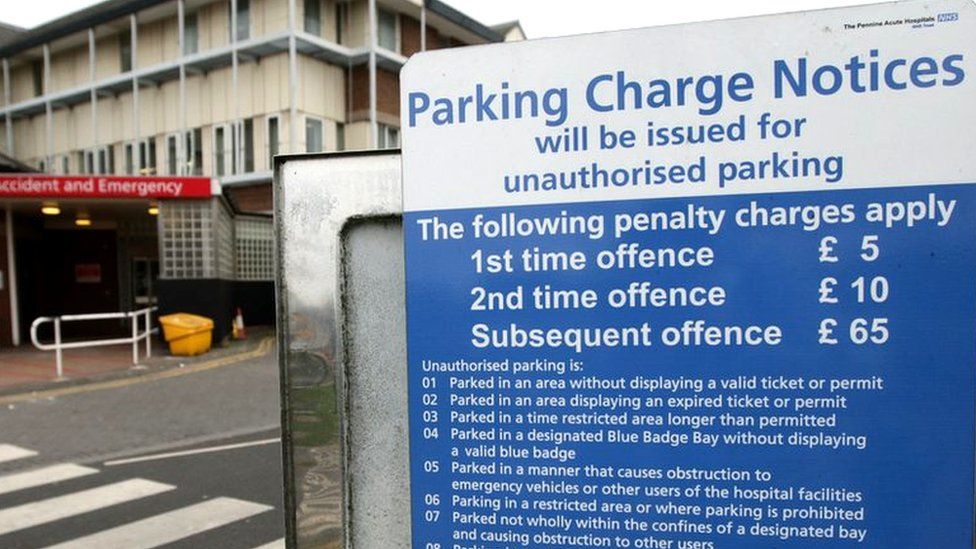 Sign at Oldham Royal Hospital to illustrate hospital car parking charges