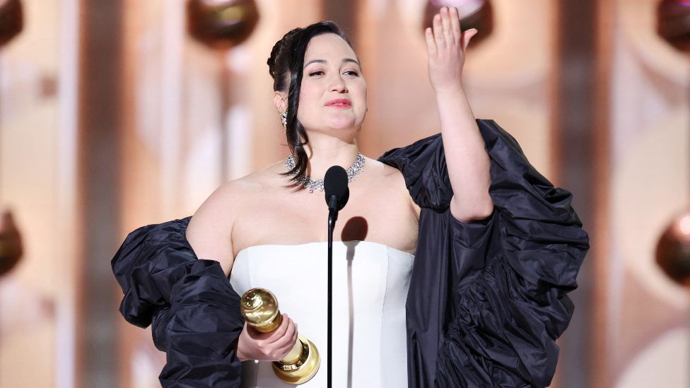 Lily Gladstone accepts the award for Best Performance by a Female Actor in a Motion Picture - Drama for "Killers of the Flower Moon" at the 81st Golden Globe Awards held at the Beverly Hilton Hotel in Beverly Hills, California, U.S. on January 7, 2024